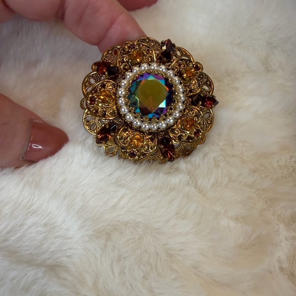 Vintage West Germany Gold and Multicolor Brooch With AB Center Stone - Picture 9 of 9